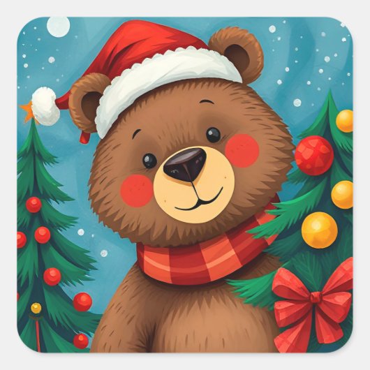 Beer in Santa Hat tussen de kerstbomen Vierkante Sticker (Voorkant)
