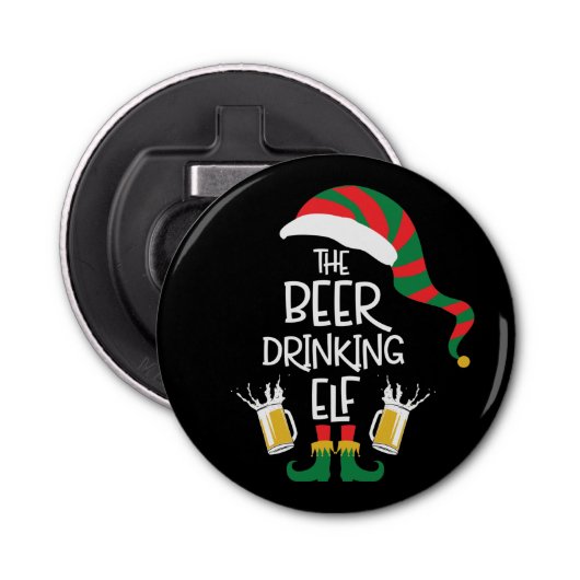 Beer Kerstmis Elf Funny Typografie Gepersonaliseer Button Flesopener (Voorkant)