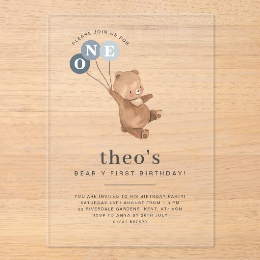 Beer met 3 Blauwe Ballonnen 1e Verjaardagsuitnodig Acryl Uitnodigingen (Voorkant)