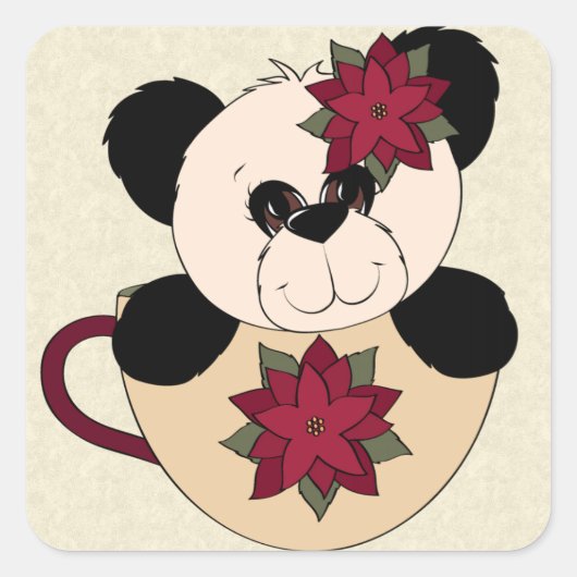 Beer met kerstpanda vierkante sticker (Voorkant)