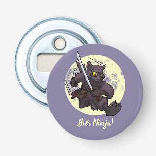 Beer Ninja Black Cat Flying Kick Zwaarden Cartoon Button Flesopener