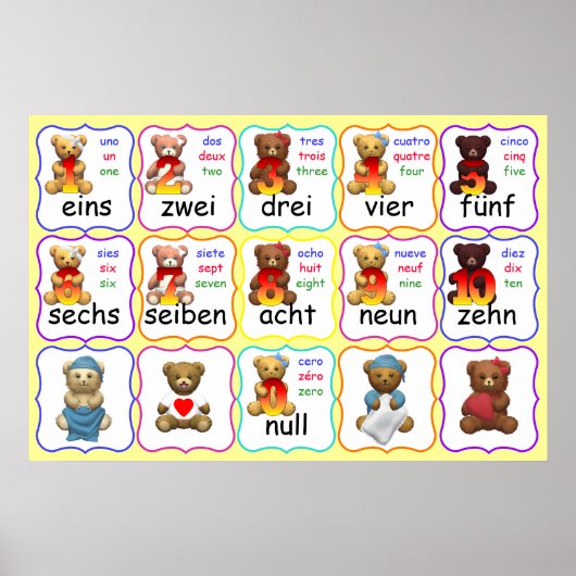 Beer Nummers in het Duits Spaans en Frans Poster (Voorkant)