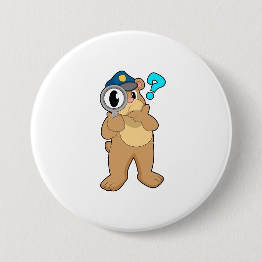 Beer Politieagent Vergrootglas Ronde Button 7,6 Cm (Voorkant)