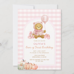 Beer Pompoen Soft Pink Beary Eerste Verjaardag Kaart