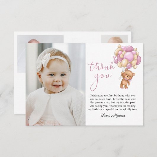 Beer Roze Ballonnen Baby Foto Dank u kaart (Voorkant / Achterkant)