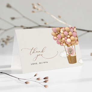 Beer, roze ballonnen, heteluchtballon, Baby shower Bedankkaart