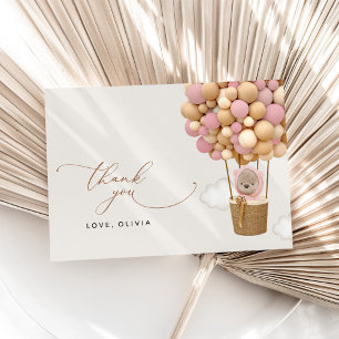 Beer, roze ballonnen, heteluchtballon, Baby shower Bedankkaart
