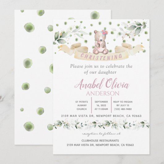 Beer Roze Floral Greenery Baptism Girl Invitation Kaart (Voorkant / Achterkant)