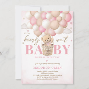 Beer Roze Hete Luchtballon Meisje Baby shower Kaart