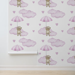 Beer Roze Paraplu Wolken Harten Baby Girl Nursery Behang