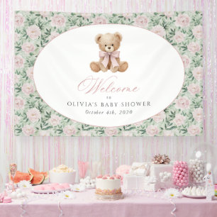 Beer, Roze Strik, Roze Bloemen, Baby Shower Welkom Spandoek