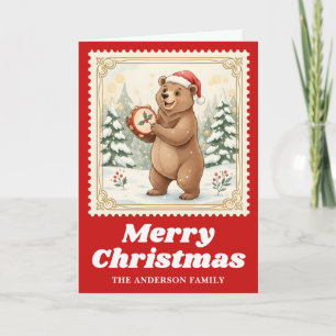Beer Tamboerijn Retro Postzegel Kerstmis Feestdagen Kaart