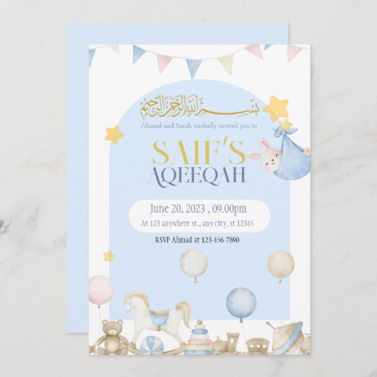 Beer Teddy Baby Blue Boy Aqeeqah Aqeeqa Uitnodigin Kaart (Voorkant / Achterkant)