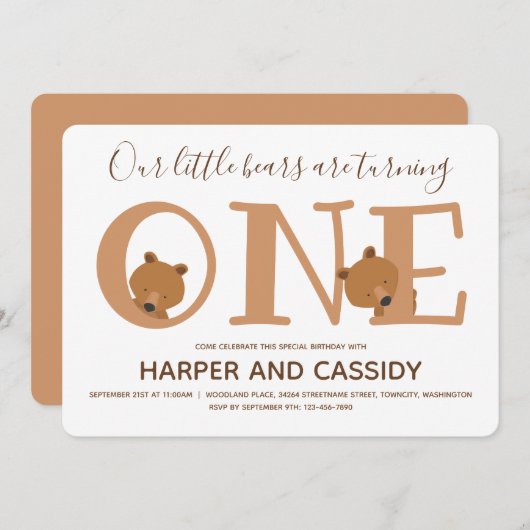 Beer Twins One Cute Animal First Birthday Kaart (Voorkant / Achterkant)