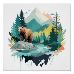 Beer Wildlife Animal Natuur Outdoors Waterverf Perfect Poster