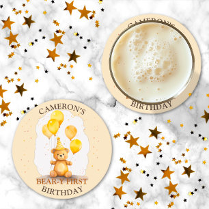 Beer-y Eerste Verjaardag Geslacht Neutraal Geel Be Ronde Kartonnen Onderzetter