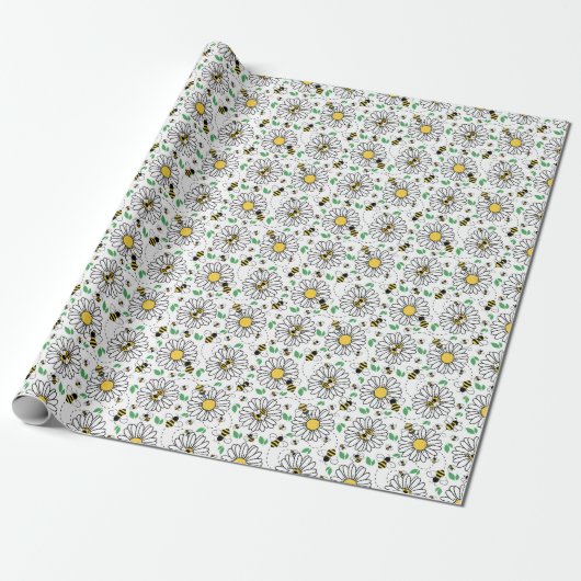 Bees & Daisies Spring Wrapping Paper Cadeaupapier (Uitgerold)