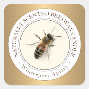 Beeswax-kaars met honingbijen, metalen goudlabel vierkante sticker