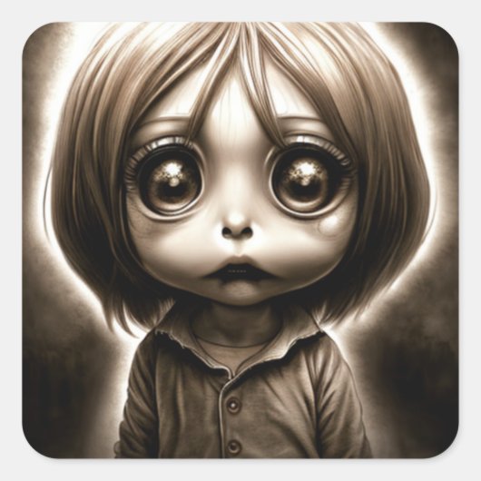 Beetje eng Kind met Big Eyes Chibi Vierkante Sticker (Voorkant)