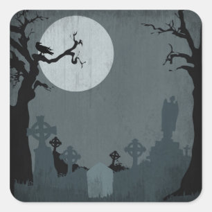 Begraafplaats en Volle Maan voor Halloween Vierkante Sticker