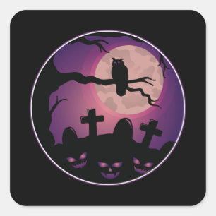 begraafplaats Pumpkin Owl Moon Scary Fun Halloween Vierkante Sticker