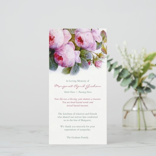 Begrafenis bedankkaarten | Botanische Rozen in roz Bedankkaart (Staand voorkant)