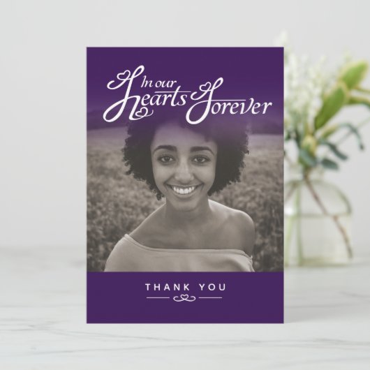 Begrafenis in ons hart paarse bedankkaart (Staand voorkant)