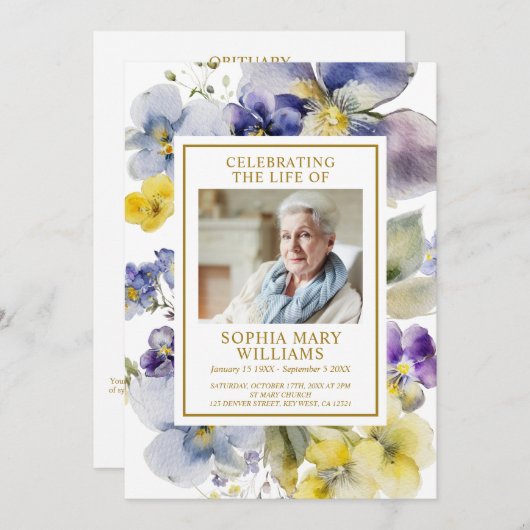 Begrafenis Paarse Blauw & Geel Gedenkteken Program Kaart (Voorkant / Achterkant)