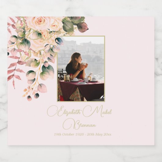 Begrafenisfoto Elegante roze rozenbloem Sparkling Wijnetiket (Enkel label)