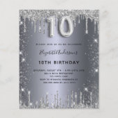 Begroting 10e verjaardag Silver Glitter-uitnodigin (Voorkant)