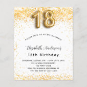 Begroting 18e verjaardag witte goudglitter uitnodi (Voorkant)