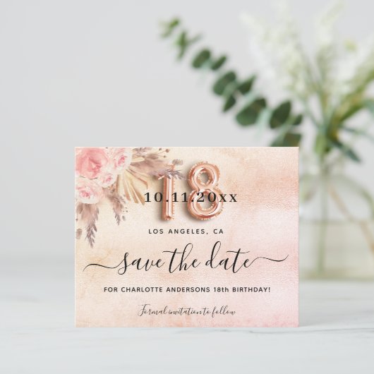 Begroting 18e verjaardagspampas roos behalve datum (Staand voorkant)