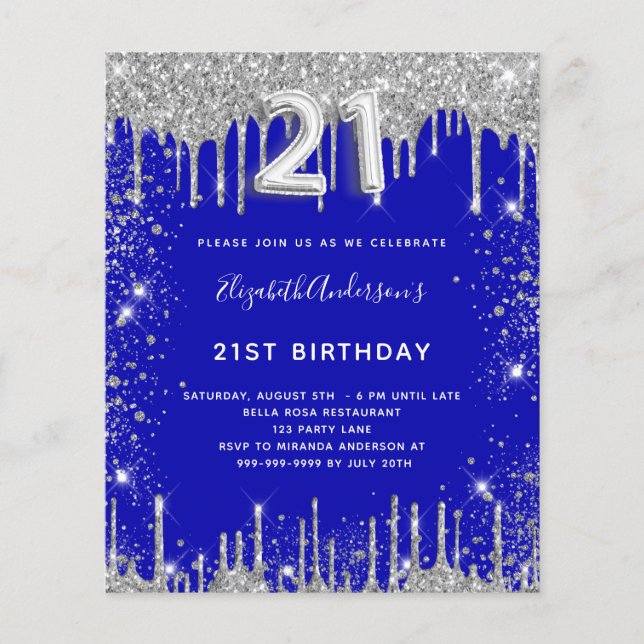 Begroting 21 e verjaardag royal blue Silver glitte (Voorkant)