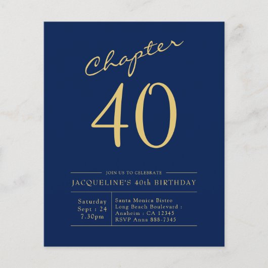 Begroting 40th Birthday Invitation Navy Blue Flyer (Voorkant)