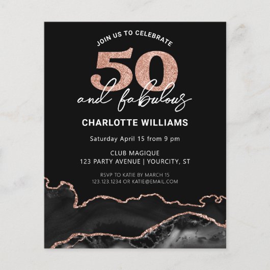 Begroting 50 Fabulous Roos Glitter Birthday Invite (Voorkant)