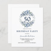 Begroting 50th Birthday Blue Floral Invitation (Voorkant / Achterkant)