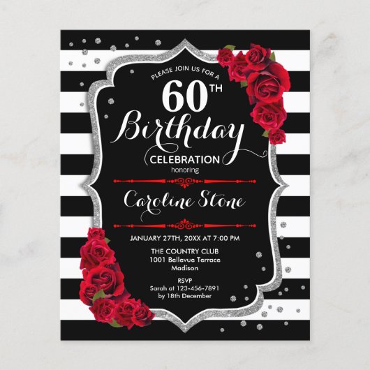 Begroting 60th Birthday Black White Silver Invite Flyer (Voorkant)