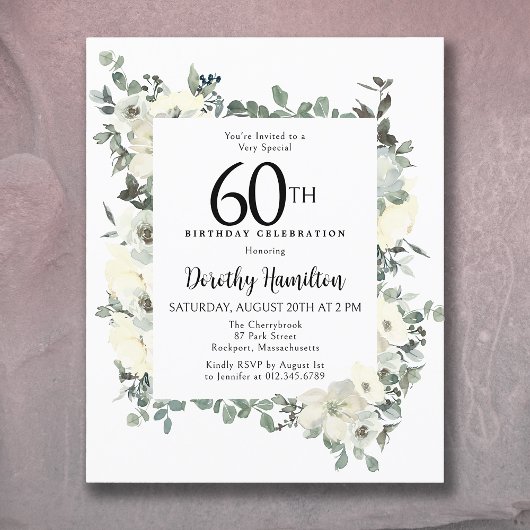 Begroting 60th Birthday White Floral Invitation