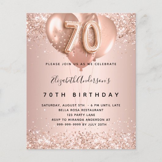 Begroting 70e verjaardag roos gouden ballonnen uit (Voorkant)