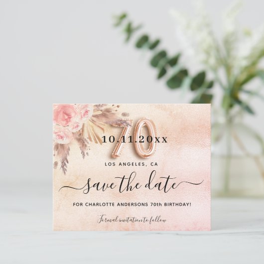 Begroting 70e verjaardagspampas roos behalve datum (Staand voorkant)