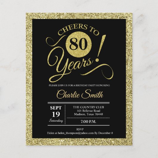 Begroting 80th Birthday - Black Gold ANY AGE Invit Flyer (Voorkant)