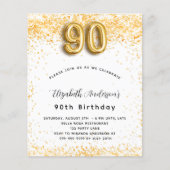 Begroting 90e verjaardag witte goudglitter uitnodi (Voorkant)