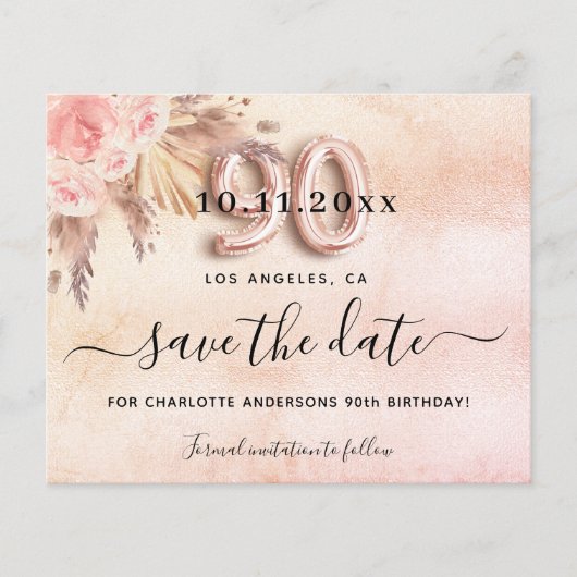 Begroting 90e verjaardagspampas roos behalve datum (Voorkant)