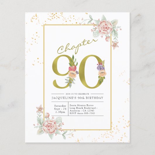 Begroting 90th Birthday Floral Gold Script Invitat Flyer (Voorkant)