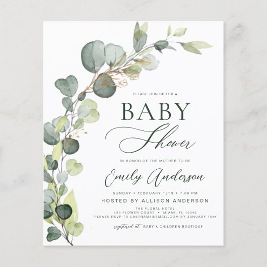 Begroting Baby shower Greenery Eucalyptus Invitati Flyer (Voorkant)