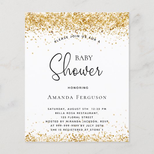 Begroting baby shower witte goudglitter uitnodigin (Voorkant)