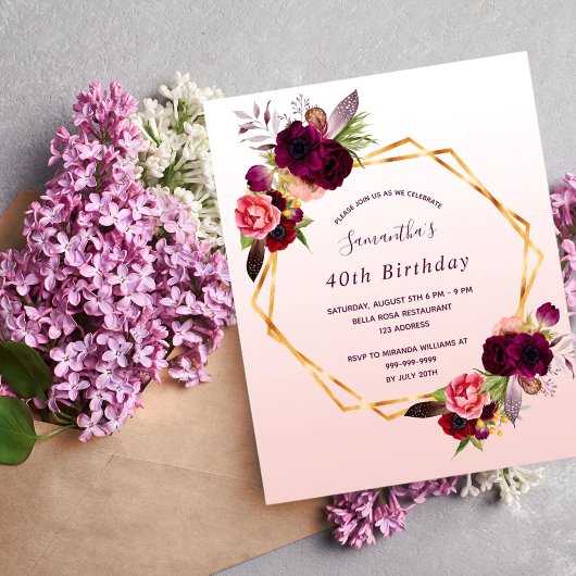 Begroting Birthday florals roos gouduitnodiging