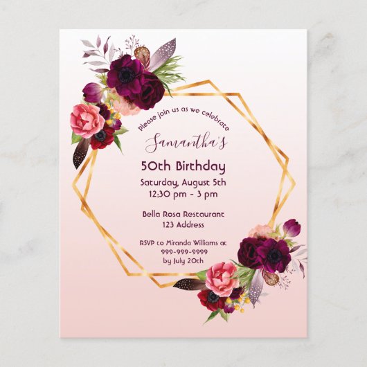 Begroting Birthday florals roos gouduitnodiging (Voorkant)
