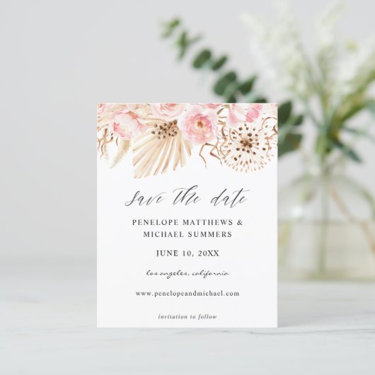 Begroting Bohemian Pink Floral Save the Date (Staand voorkant)