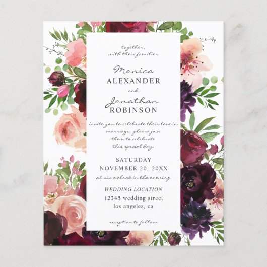 Begroting Burgundy & Blush Floral Weddenschap op w (Voorkant)
